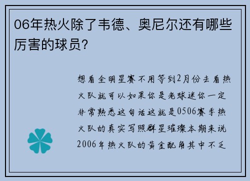 06年热火除了韦德、奥尼尔还有哪些厉害的球员？